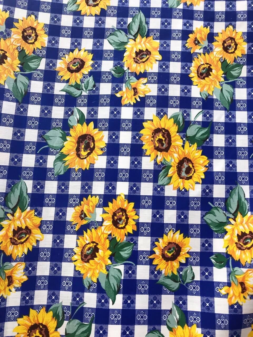 1 Yard Royal Blue Checkered Sunflower Pattern Poly Cotton Fabric for Sewing Decor and Clothing 59/60 Inch Width